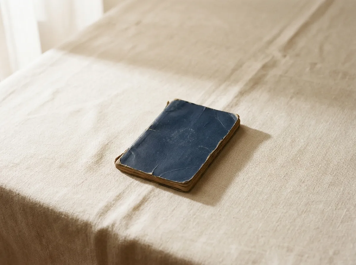 Carteira de trabalho azul e gasta sobre uma mesa coberta de linho