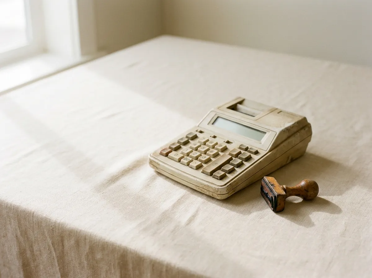 Calculadora antiga e um carimbo de madeira sobre a mesa