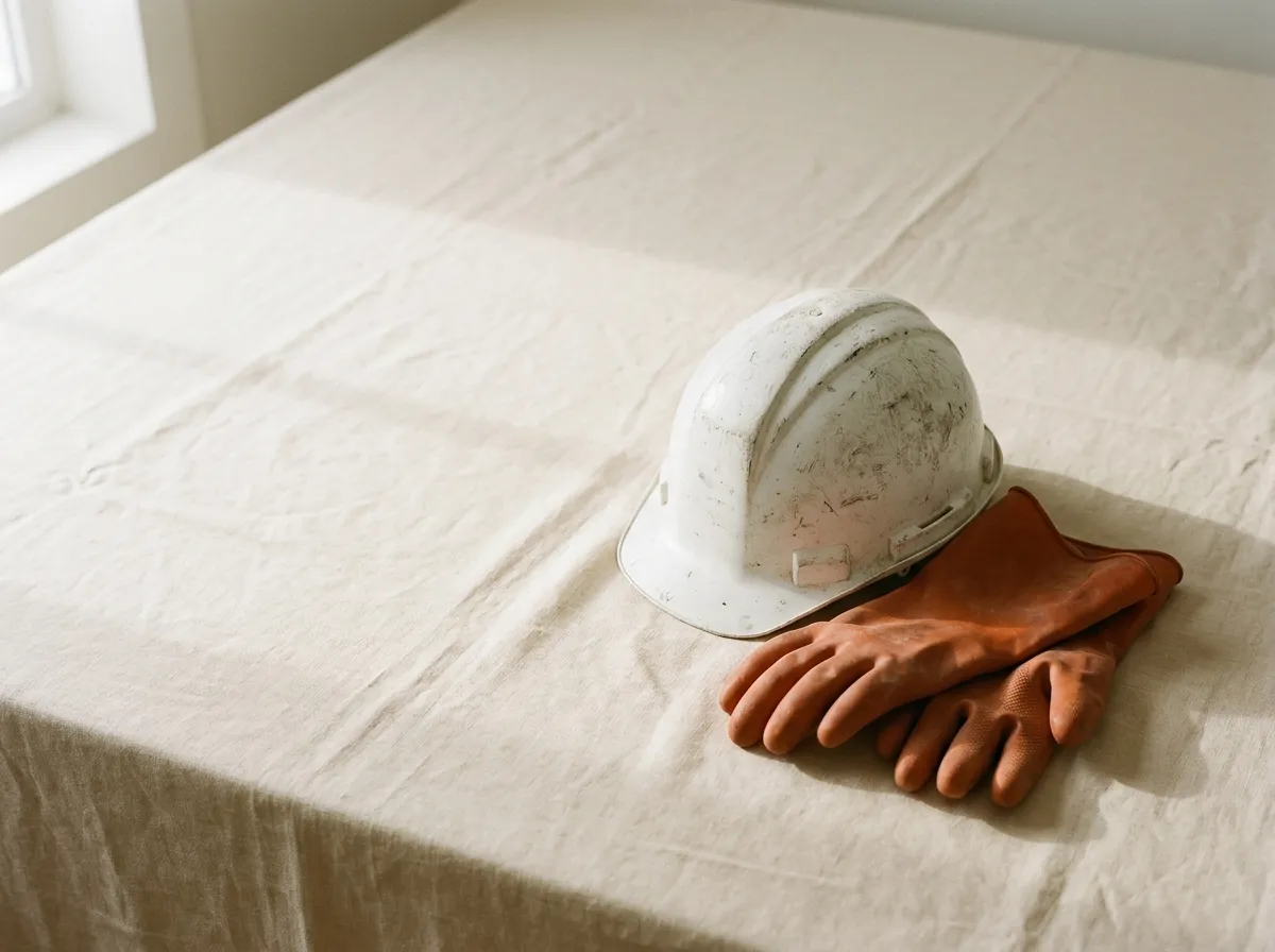 Capacete branco de segurança e luvas de borracha sobre a mesa