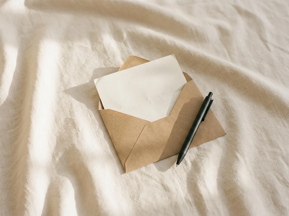 Envelope pardo aberto com uma carta e uma caneta ao lado