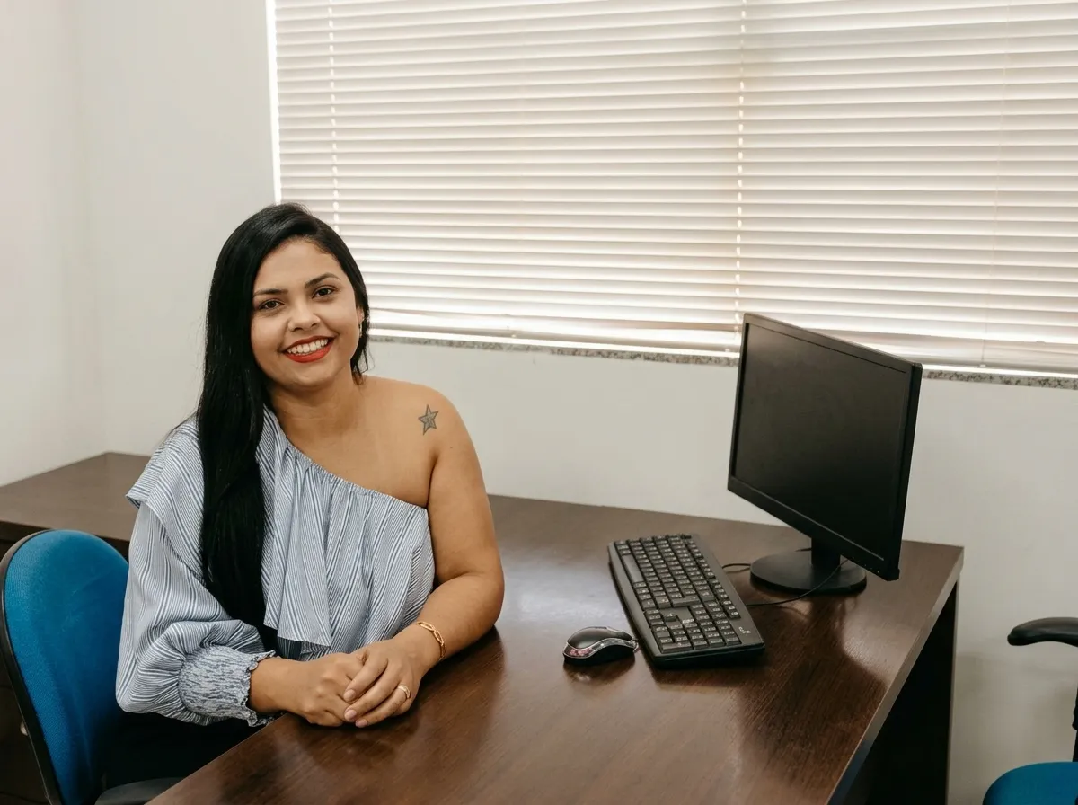 Priscila Horácio Nunes sentada à mesa do escritório, sorrindo