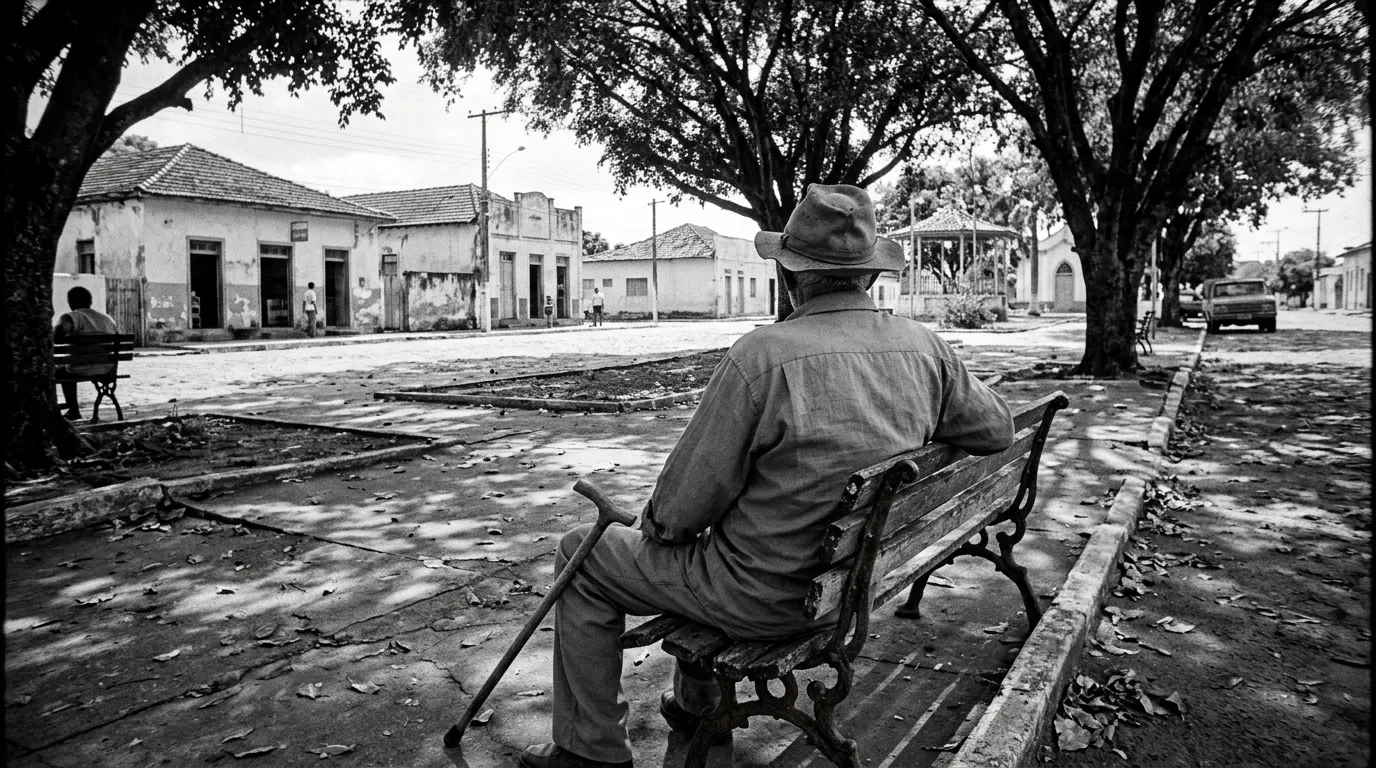 Senhor idoso de costas, sentado em um banco de praça de cidade do interior, em foto preto e branco