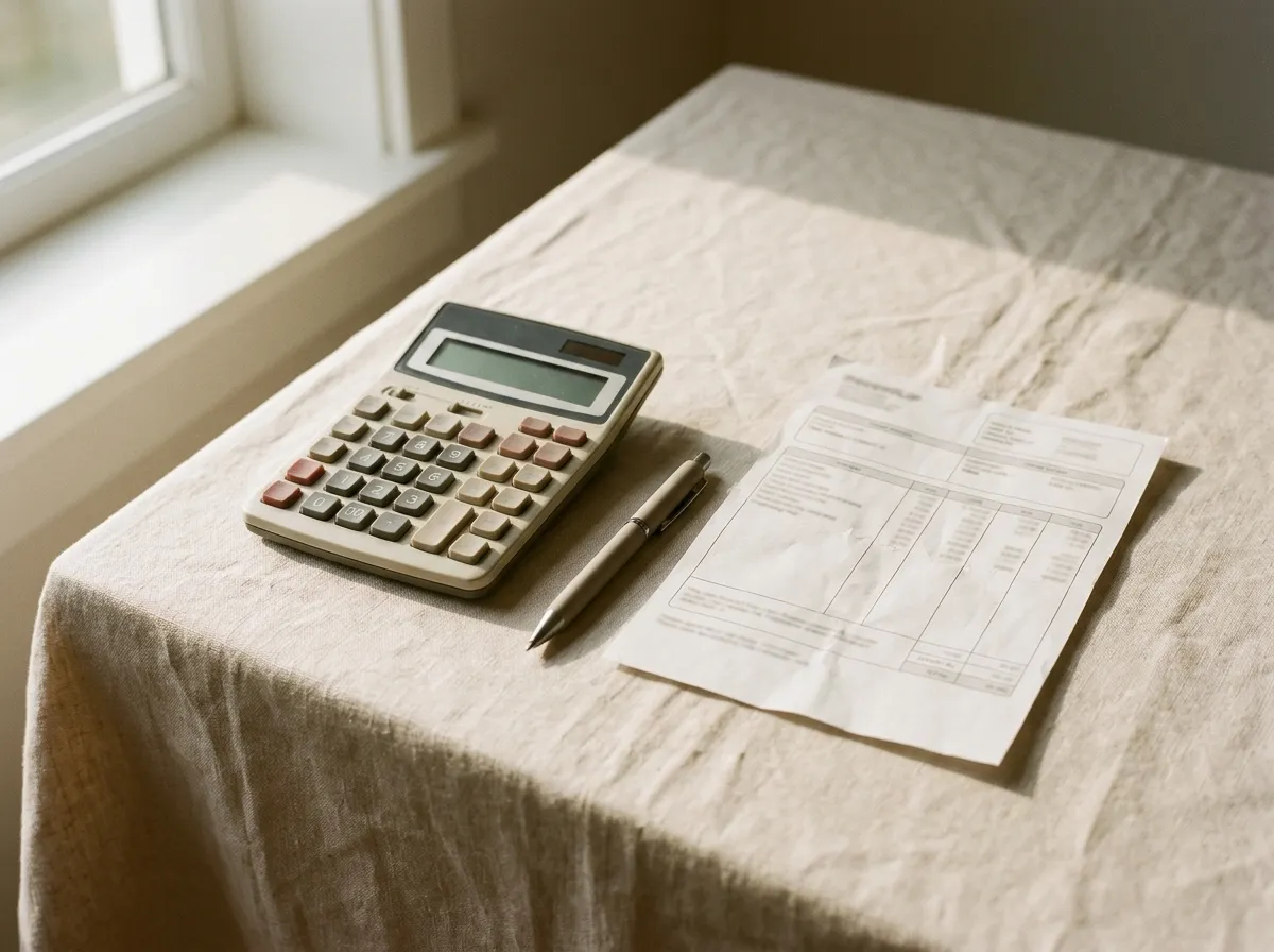 Calculadora, caneta e holerite sobre a mesa