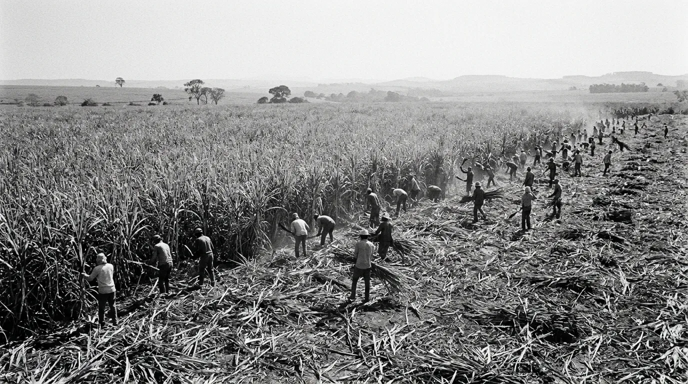 Trabalhadores cortando cana-de-açúcar em um grande canavial, vistos de longe, em foto preto e branco