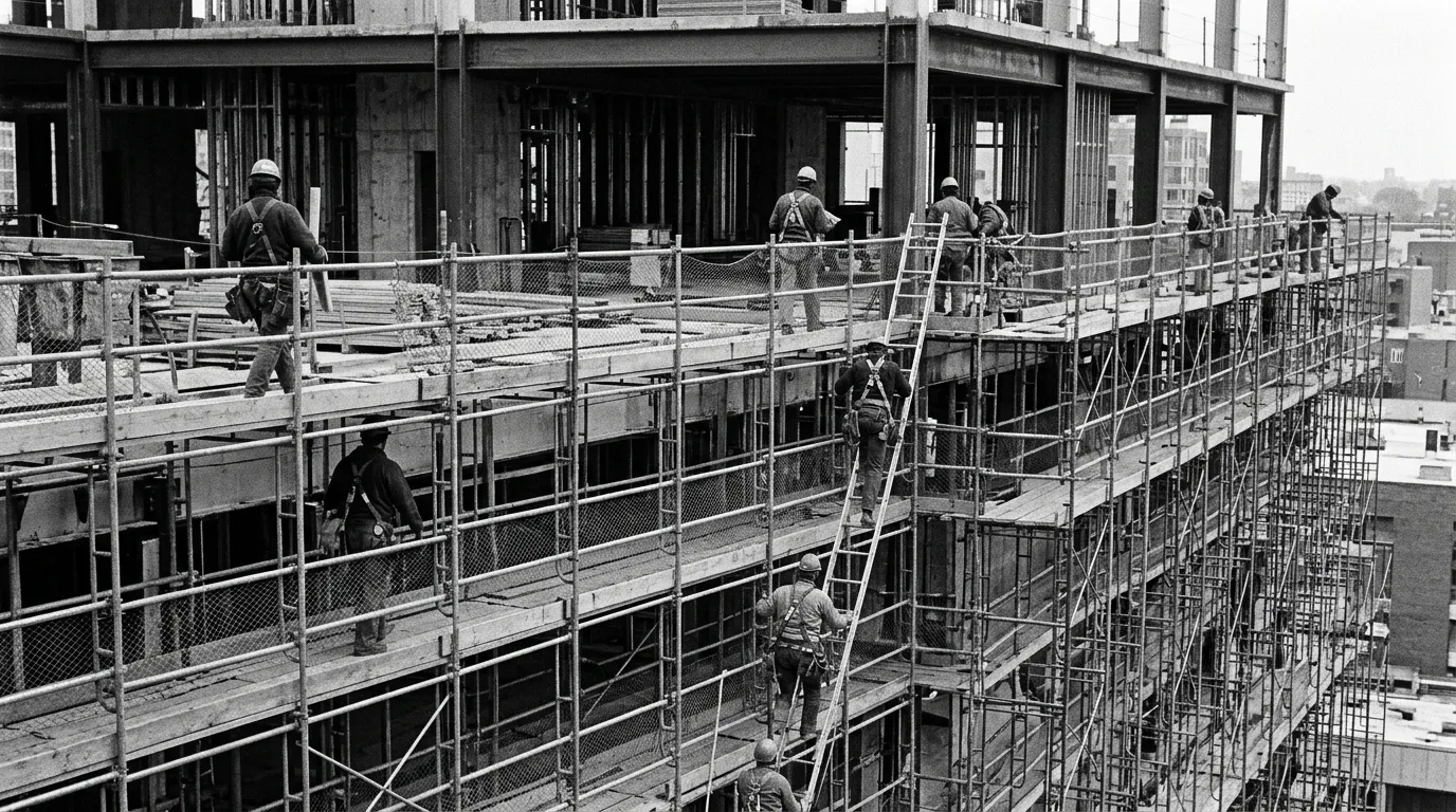 Operários em andaime de obra, em preto e branco